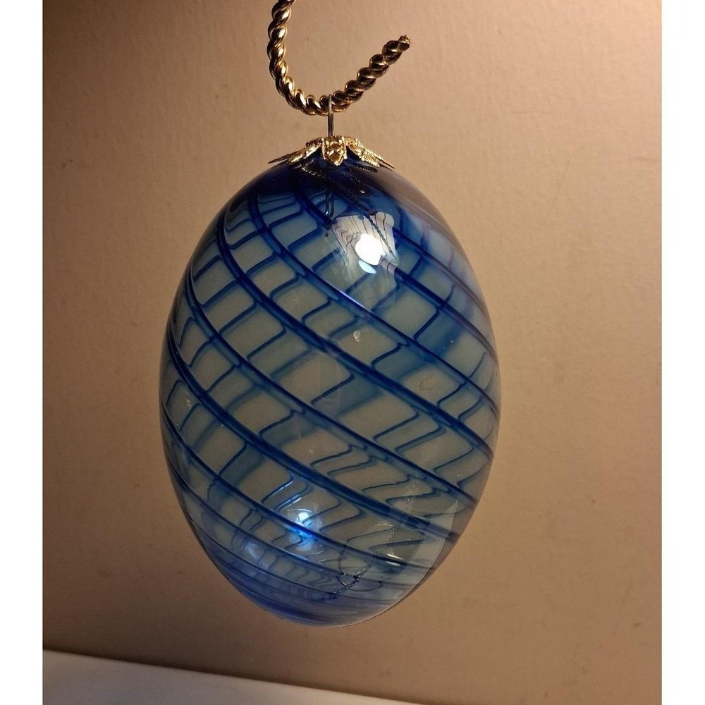 Vintage Hand Blown Blue Art‎ Glass Egg Ornament White Latticino Swirl 4.25"